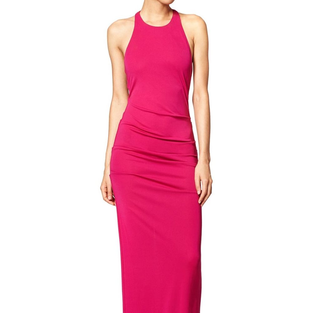 Nicole Miller Magenta Evening Gown Halter Ruched Detail